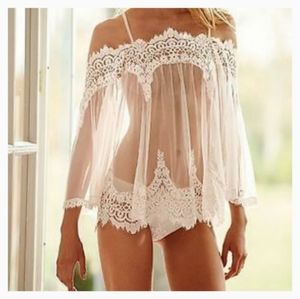 Victoria's Secret sheer lace flounce top, size M